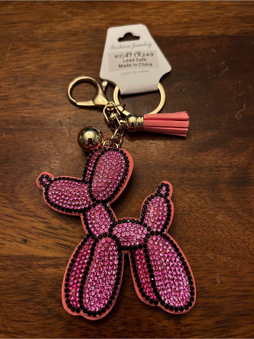 Fashion Jewelry Pink Balloon Dog Keyring & Bag Charm w/Gold Accents and Tassel